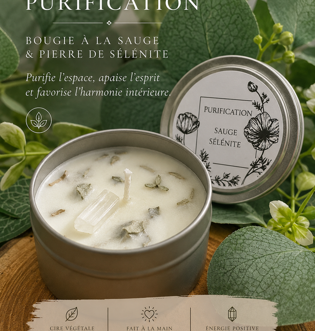 Sage &amp; Selenite Stone Candle