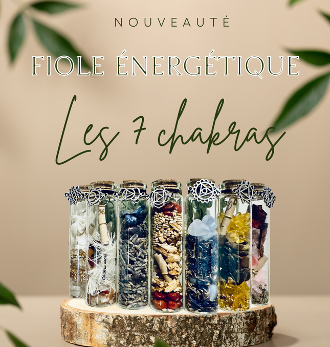 Fioles des sept chakras colorées pour équilibrage énergétique et bien-être holistique