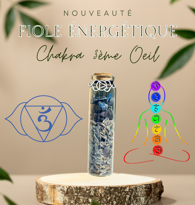 Fiole chakra du troisième œil en verre avec pierres indigo et plants, symbole d’intuition et de clarté mentale.