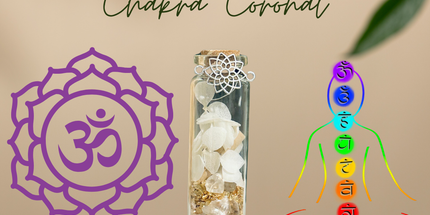 Fiole Chakra coronal Sahasrara en verre avec pierres violettes, plantes sacrées et mantra pour méditation spirituelle et connexion énergétique.