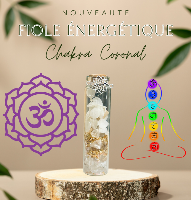 Fiole Chakra coronal Sahasrara en verre avec pierres violettes, plantes sacrées et mantra pour méditation spirituelle et connexion énergétique.