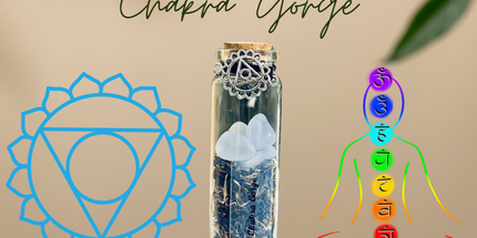 Fiole Chakra Gorge Vishuddha avec pierres bleues et mantra pour expression et communication authentique