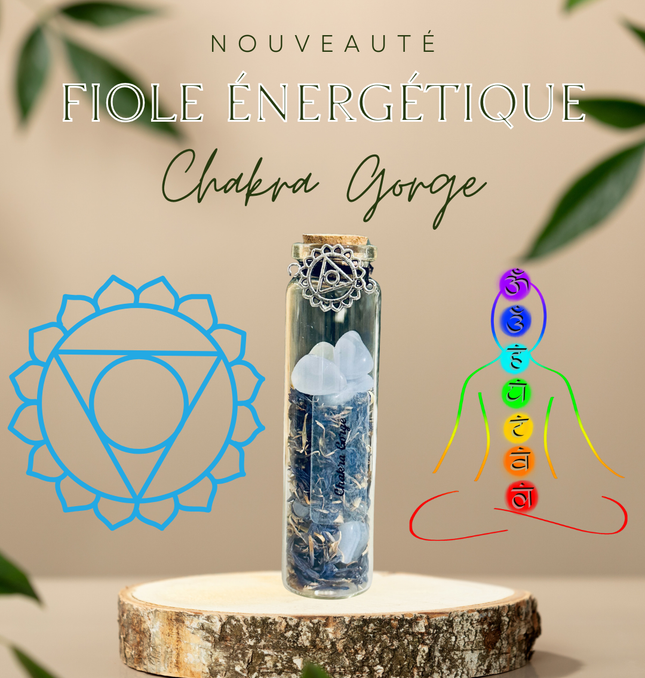 Fiole Chakra Gorge Vishuddha avec pierres bleues et mantra pour expression et communication authentique