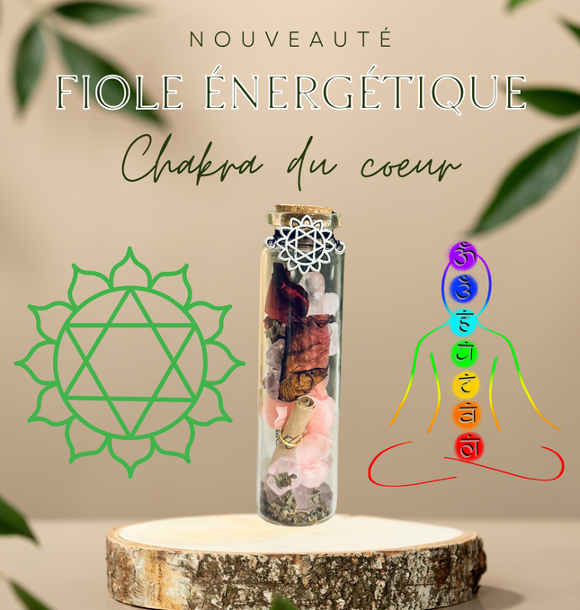 Fiole Chakra cœur Anahata en verre avec pierres et plantes, symbole d'amour et paix intérieure