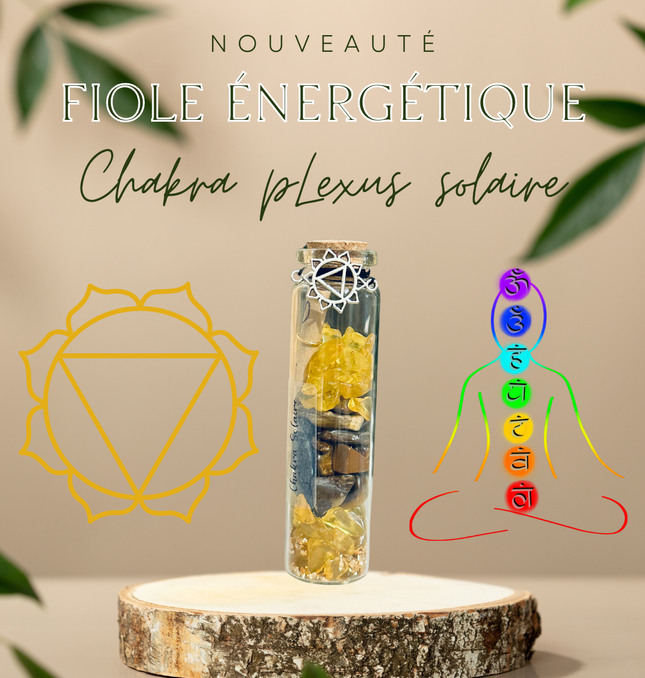 Fiole en verre avec pierres jaunes et herbes pour le Chakra Plexus Solaire, symbole de puissance et estime de soi.