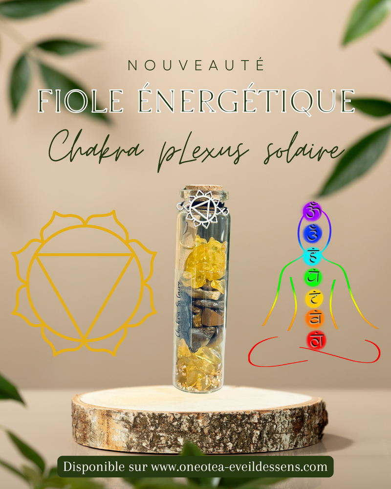 Fiole en verre avec pierres jaunes et herbes pour Chakra Plexus Solaire, symbole de confiance et puissance intérieure