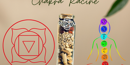 Fiole chakra racine Muladhara en verre avec pierres rouges et bouchon en liège, symbole de force et ancrage