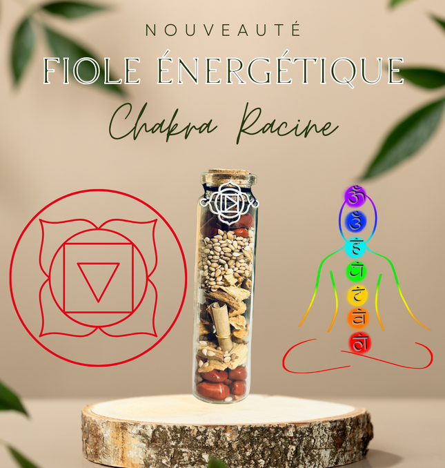 Fiole chakra racine Muladhara en verre avec pierres rouges et bouchon en liège, symbole de force et ancrage