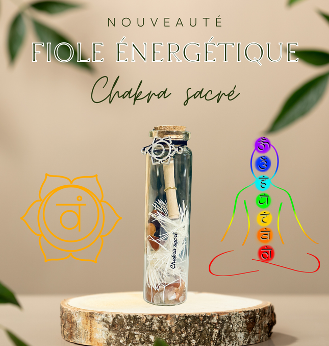 Fiole chakra sacré Svadhisthana en verre avec pierres orangées et bouchon en liège pour éveiller émotions et créativité