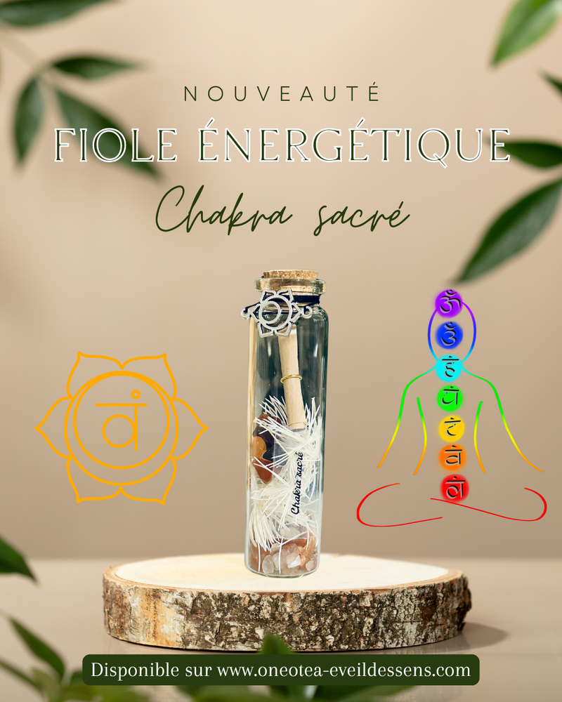 Fiole chakra sacré Svadhisthana en verre avec pierres orangées et bouchon en liège pour éveiller émotions et créativité