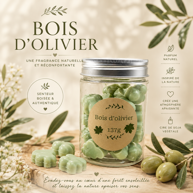 Fondants parfumés Bois d'olivier en cire végétale pour un intérieur naturel et élégant