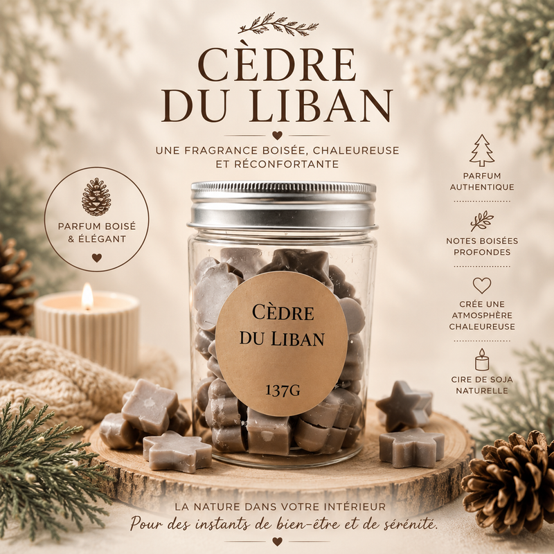 Fondants parfumés au Cèdre du Liban dans boîte réutilisable pour une ambiance forestière apaisante