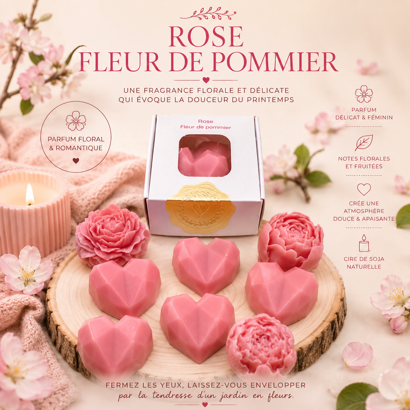 Fondants parfumés Rose et Fleur de Pommier en cire végétale soja, lot de 2 élégants fondants floraux