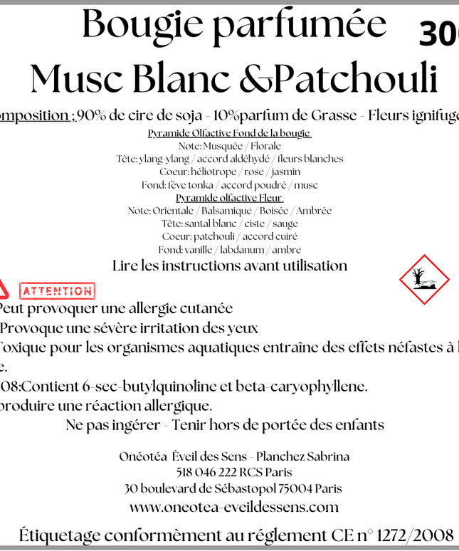 Bougie Parfumée au Musc blanc & Ambre Patchouli - Onéotéa - Éveil des Sens