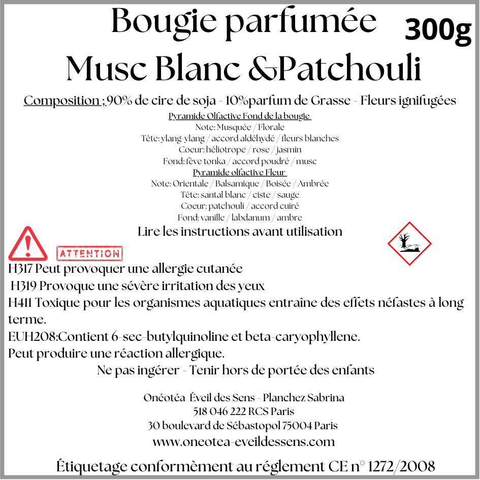 Bougie Parfumée au Musc blanc & Ambre Patchouli - Onéotéa - Éveil des Sens