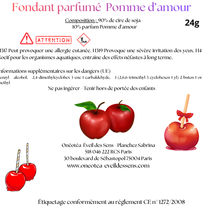 Fondant parfumé Pomme d’amour en forme de pomme rouge avec emballage transparent, ambiance gourmande et réconfortante