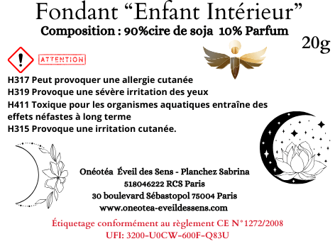 Étiquette descriptive des fondants "Enfant Intérieur". Détails des ingrédients, avertissements et allégations de sécurité, ornée de motifs floraux et de symboles, le tout dans un design chic et informatif.