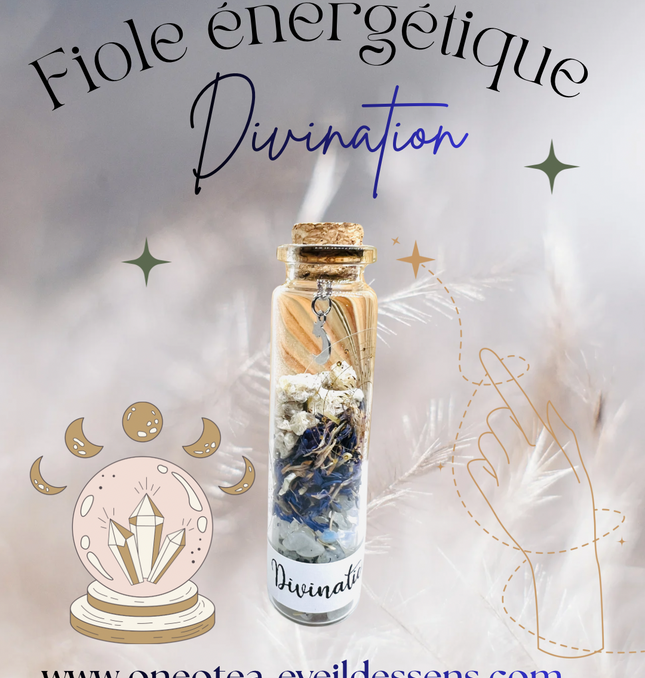 Fiole de Divination – Pierre de Lune, Bleuet, Benjoin & Mantra