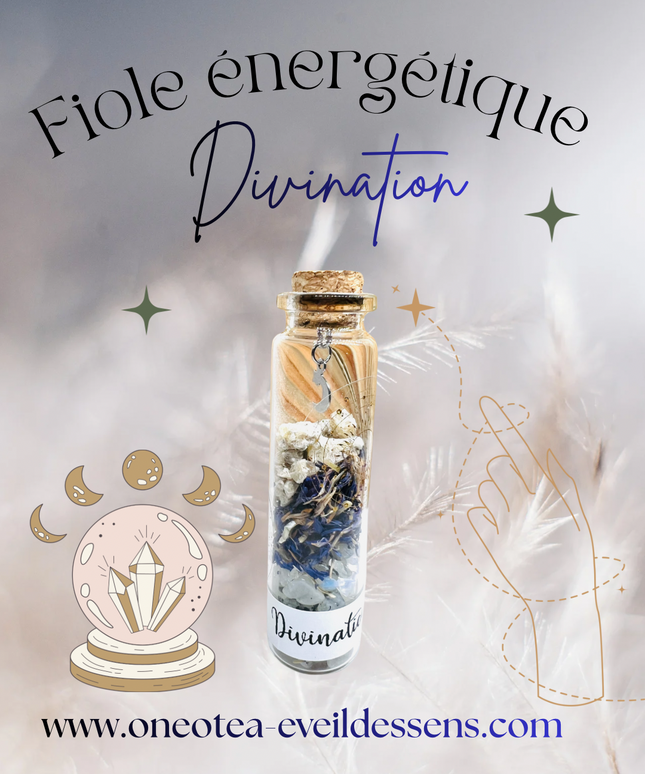 Fiole de Divination – Pierre de Lune, Bleuet, Benjoin & Mantra