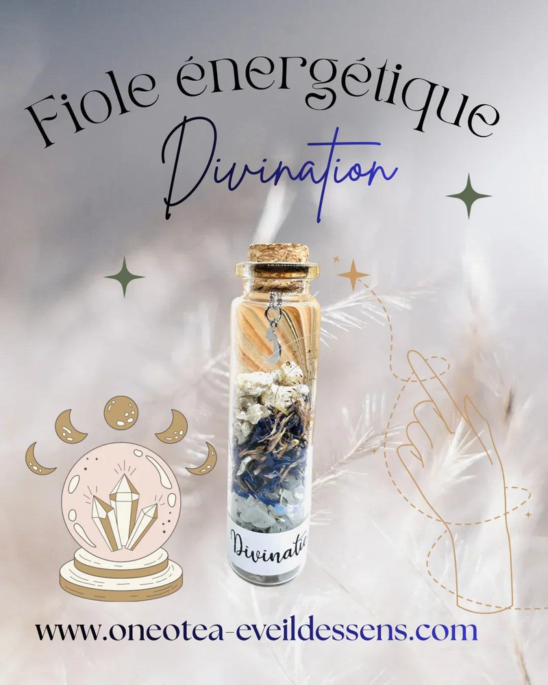 Fiole de divination avec pierre de lune, bleuet, benjoin et mantra pour spiritualité et méditation