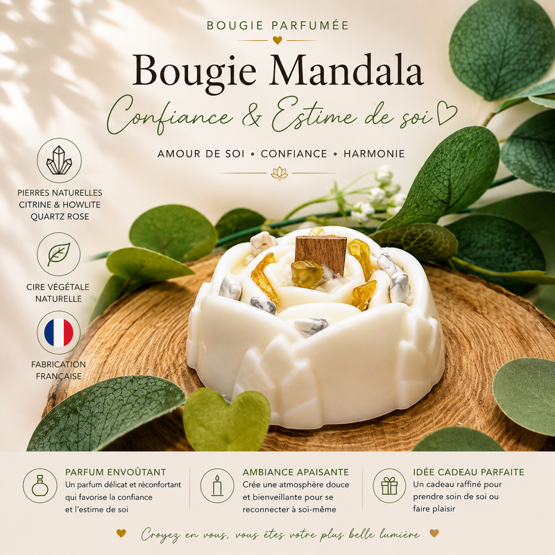 Bougie parfumée Mandala Confiance Estime de Soi avec cristaux de citrine et rhodonite pour apaisement et équilibre émotionnel