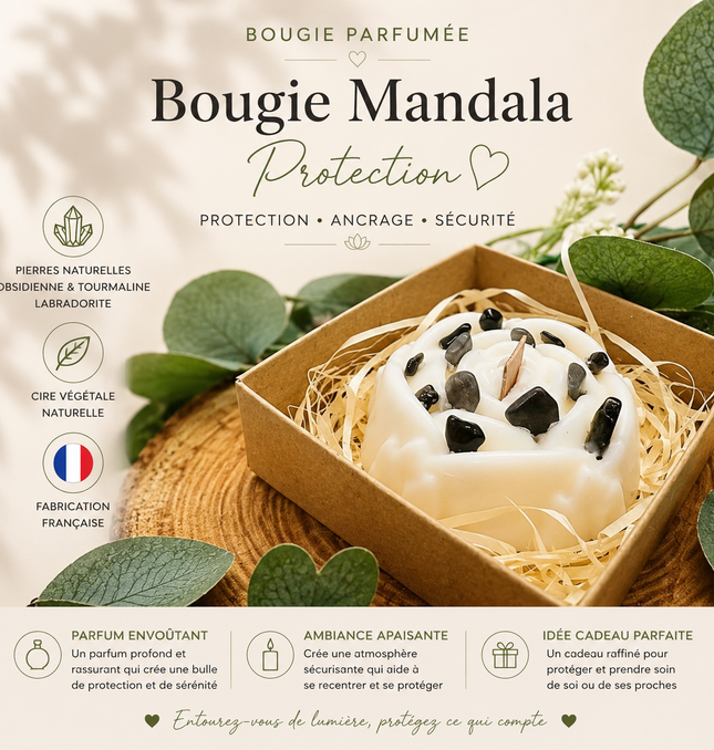 Bougie parfumée Mandala Protection avec tourmaline noire et labradorite sur fond blanc