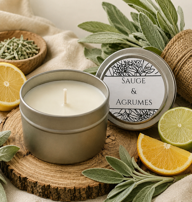Bougie parfumée Sauge & Agrumes artisanale en cire de soja avec fragrance fraîche et purifiante