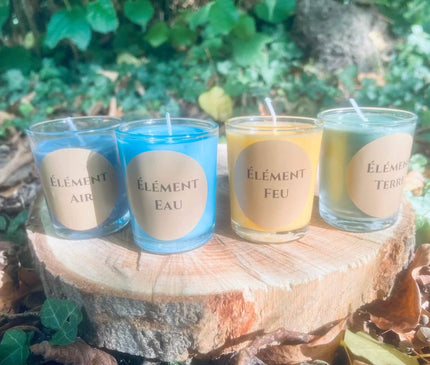 Pack Collection Les 4 Éléments bougies artisanales édition limitée en verre avec parfums Air, Terre, Eau, Feu