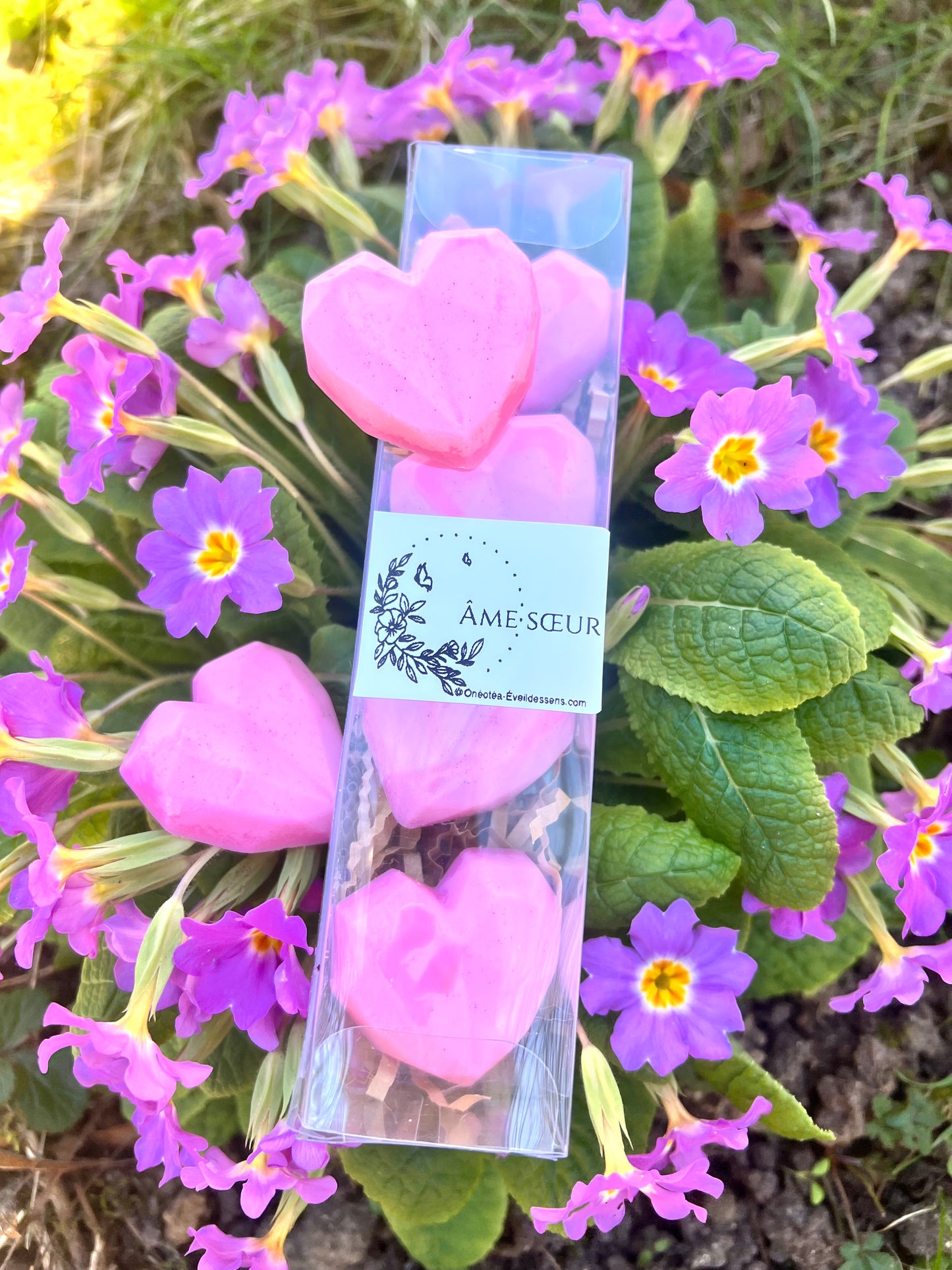 Fondants parfumés "âmes Soeur" de Onéotéa - Éveil des Sens, présentés en forme de cœur rosé, entourés de jolies fleurs violettes, évoquant l'Amour, Bien-être et des moments de Mariage doux entre Amoureux, avec des notes de Rose pour une connexion apportée par l'âme soeur.