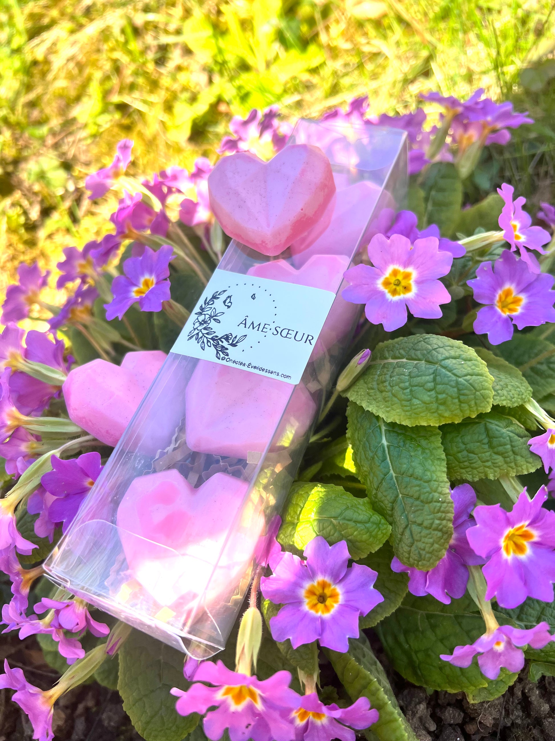 Présentation des fondants parfumés "âmes Soeur" de Onéotéa - Éveil des Sens, en forme de cœur rose, sur un fond de fleurs violettes, inspirant l'Amour, la sérénité et le Bien-être pour célébrer des occasions de Mariage entre Amoureux, tout en évoquant la douceur de l'âme soeur.