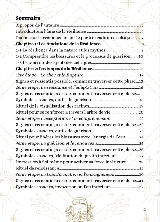 Sommaire du livre "L'Écrin de la Résilience" par Sabrina Planchez, offrant des étapes de développement personnel, bien-être et sérénité, incluant des thèmes sur la résilience et la force.