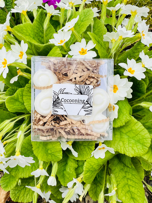 Fondants parfumés Triskel - Instant Cocooning d'Onéotéa - Éveil des Sens, présentés dans un emballage transparent sur un lit de fleurs blanches. Ces fondants, élaborés avec 90% de cire de soja, offrent une expérience de cocooning grâce à leur parfum de Grasse.
