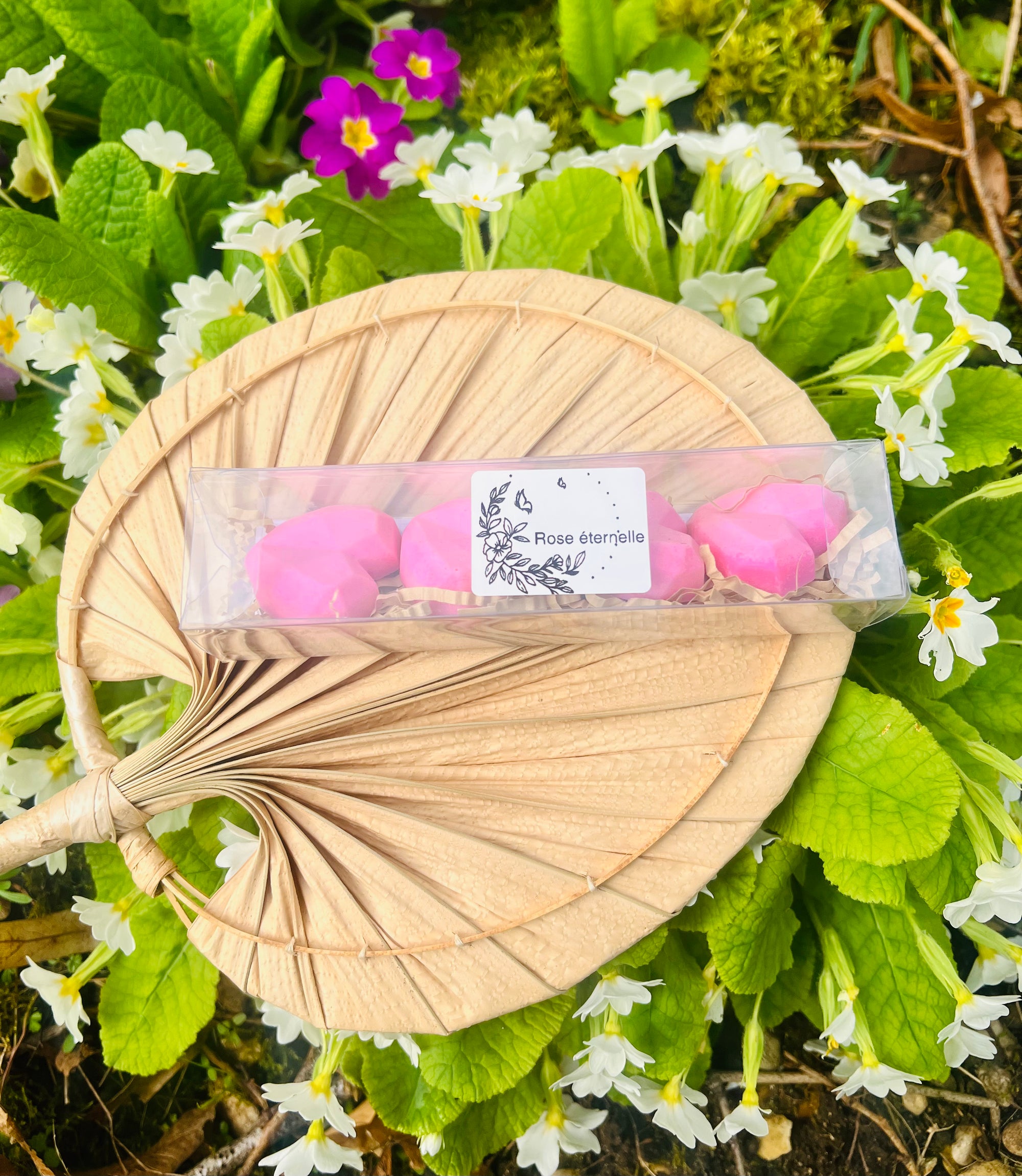 Fondants parfumés Rose éternelle de Onéotéa - Éveil des Sens présentés dans un emballage transparent, posés sur un éventail en bambou et entourés de fleurs blanches, mettant en avant leur composition en cire de soja et parfum de Grasse.