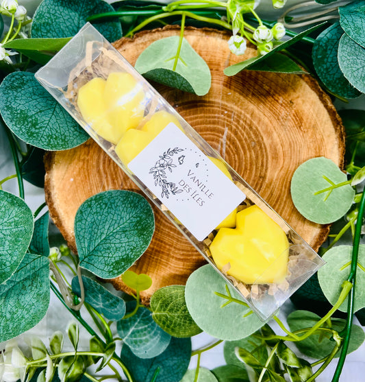 Image d'un paquet de fondants parfumés "Vanille des îles" de Onéotéa - Éveil des Sens, posé sur un morceau de bois. Les fondants en forme de cœur dégagent une douce fragrance de parfum de Grasse, représentant la vanille des îles.