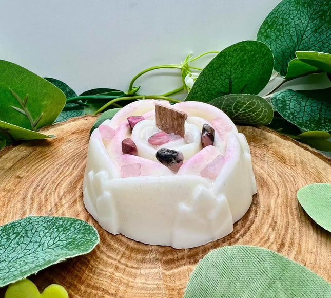 Bougie parfumée Mandala Libération émotionnelle avec quartz rose et rhodonite pour apaisement et équilibre intérieur