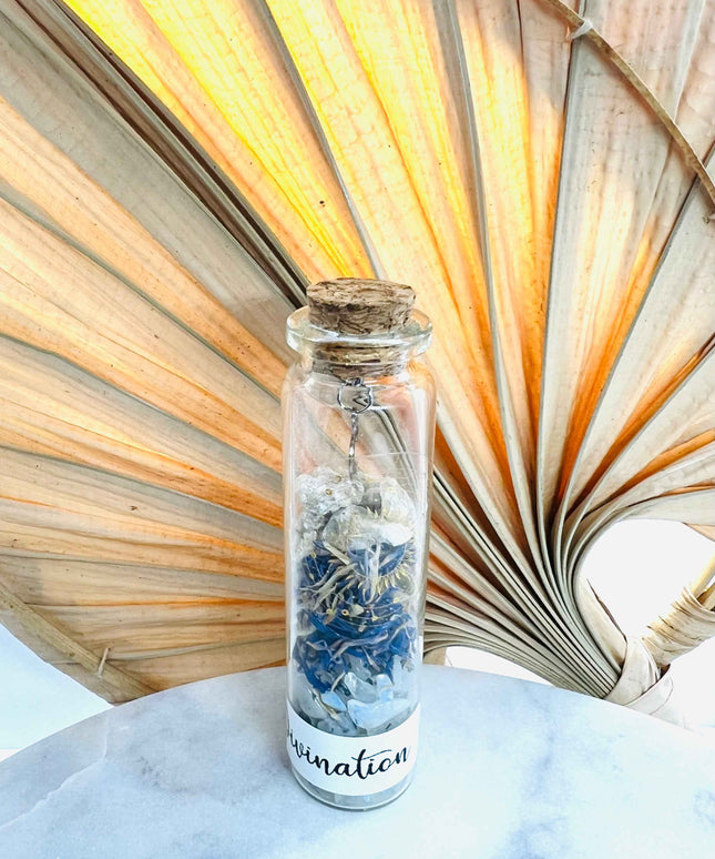 Fiole de Divination – Pierre de Lune, Bleuet, Benjoin & Mantra