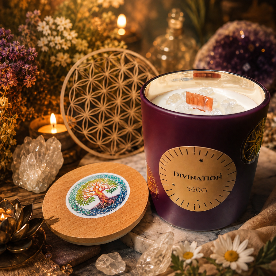 Bougie mystique Divination avec pendule améthyste et parfum musc blanc pour guidance spirituelle