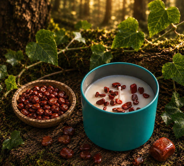 Bougie Ancrage Jaspe Rouge en cire de soja avec parfum bois de santal, pierre d’ancrage et protection énergétique.
