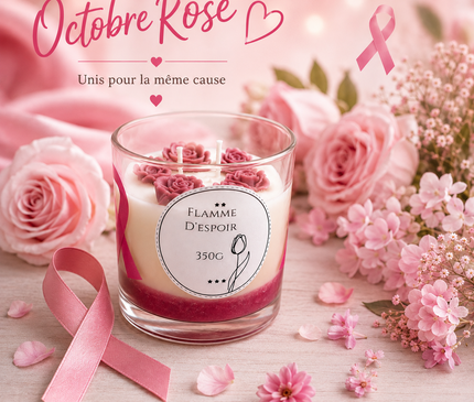 Bougie artisanale Flamme d’Espoir Octobre Rose pour soutien cancer du sein