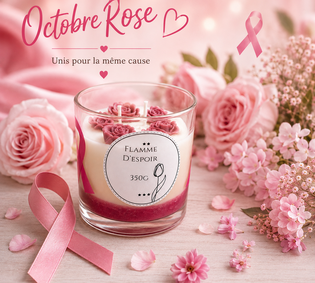 Bougie artisanale Flamme d’Espoir Octobre Rose pour soutien cancer du sein