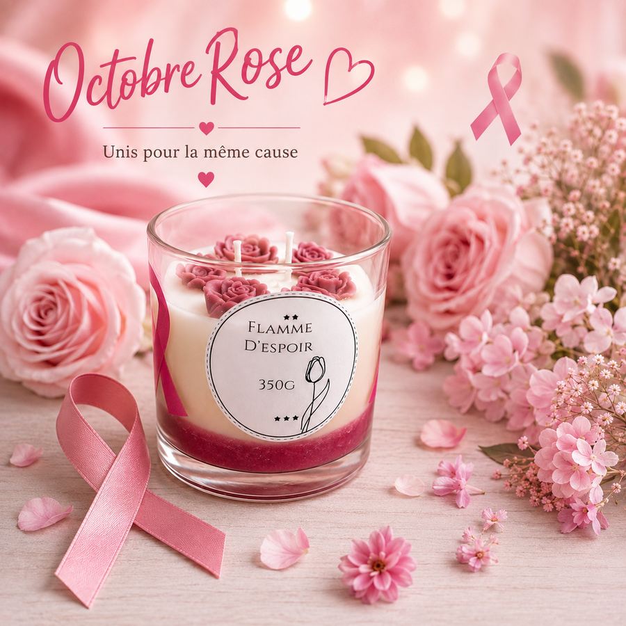 Bougie artisanale Flamme d’Espoir Octobre Rose pour soutien cancer du sein