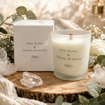 Bougie artisanale Musc Blanc et Cristal de Roche pour clarté intérieure