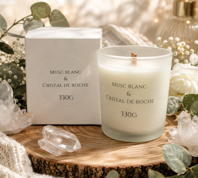 Bougie artisanale Musc Blanc et Cristal de Roche pour clarté intérieure