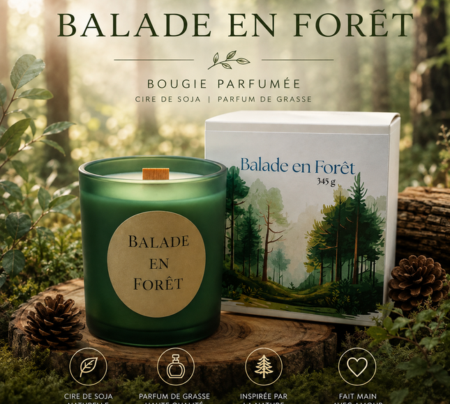 Bougie parfumée Balade en Forêt parfum Pin des Landes à mèche en bois