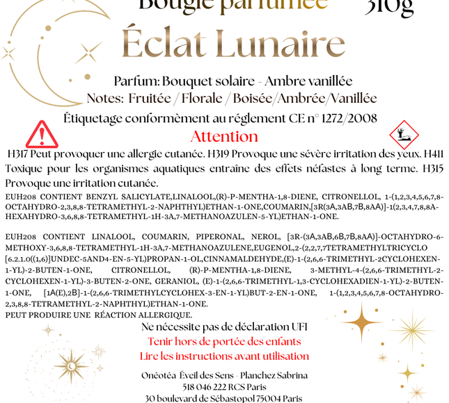Bougie Éclat Lunaire artisanale avec paillettes or parfum fruité floral ambré