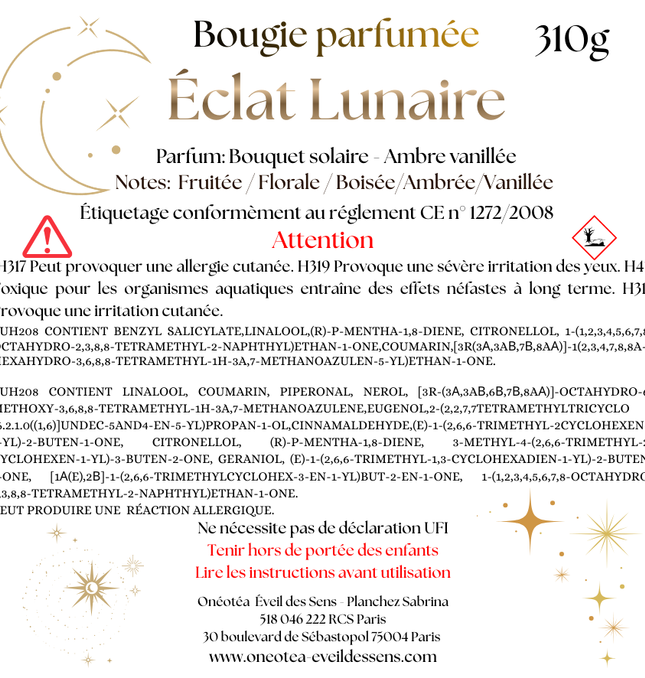 Bougie Éclat Lunaire artisanale avec paillettes or parfum fruité floral ambré
