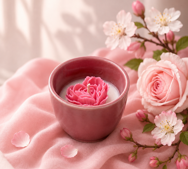 Bougie Flamme de Cœur artisanale en céramique avec senteurs musc blanc, rose et fleur de pommier