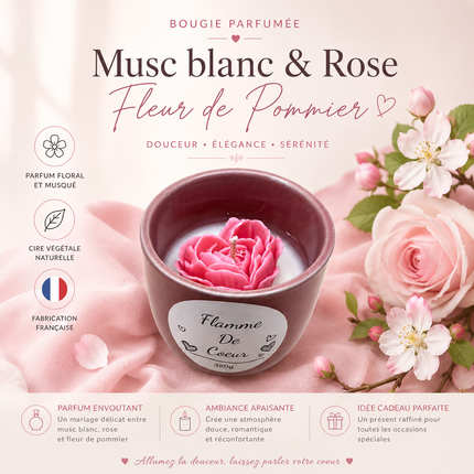 bougie flamme de cœur cire soja rose musc blanc fleur pommier