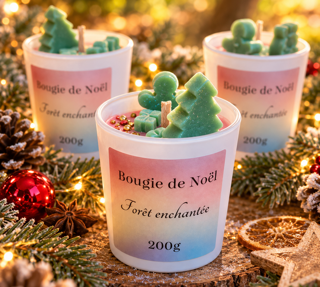 Bougie Forêt Enchantée en cire blanche, décorée de formes de sapin et de gui vertes, dans un gobelet étiqueté.