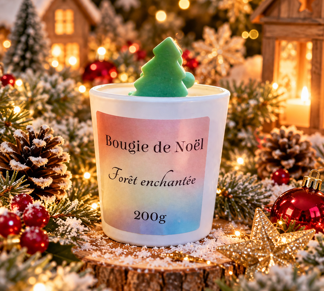 Bougie Forêt Enchantée dans un pot en verre blanc, étiquette pastel et décoration en cire verte en forme de sapin.
